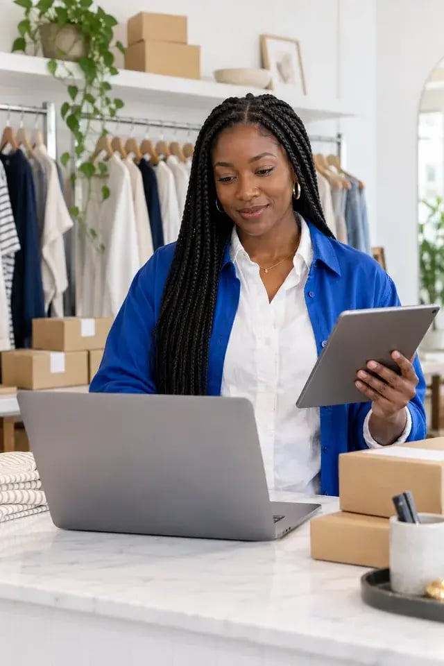 A boutique owner managing online orders with her laptop and tablet