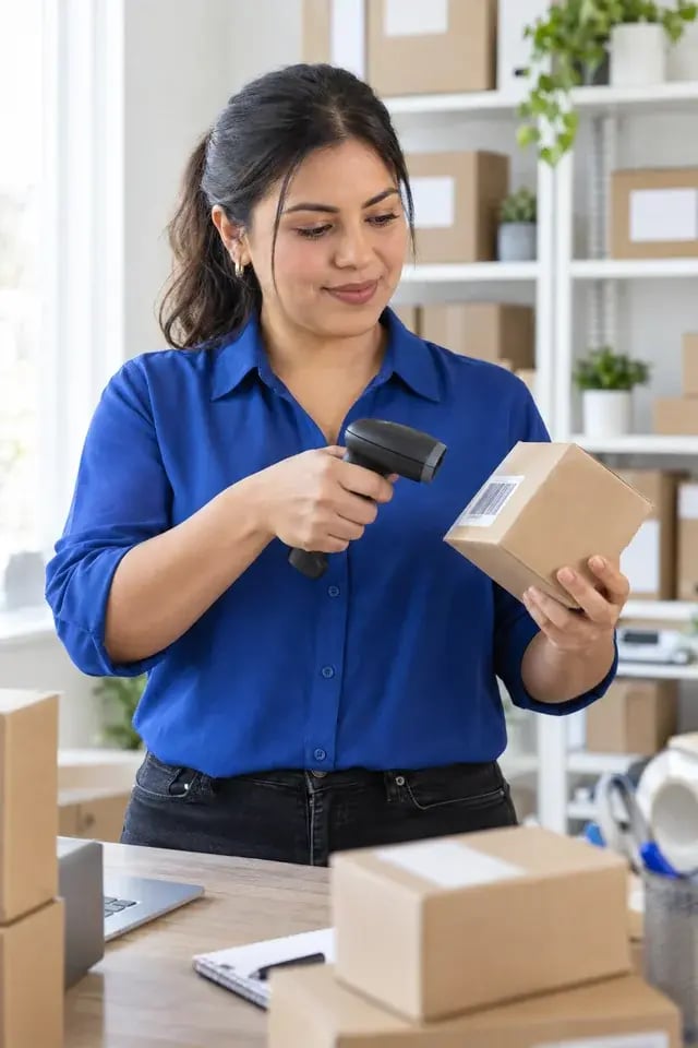 A team member scanning a product beside organized inventory shelves