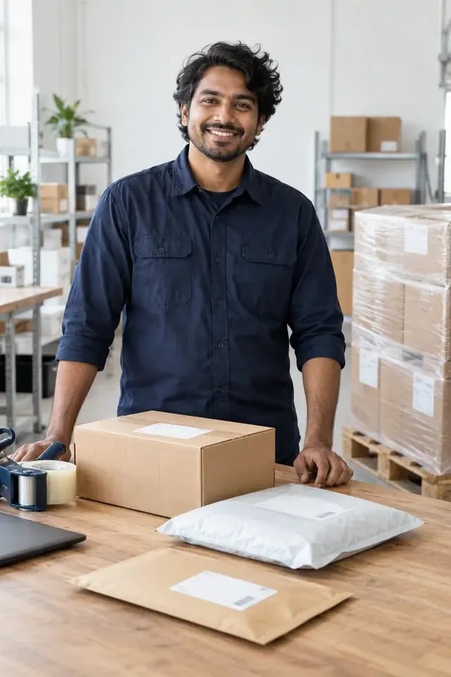 A fulfillment specialist preparing different package formats for dispatch