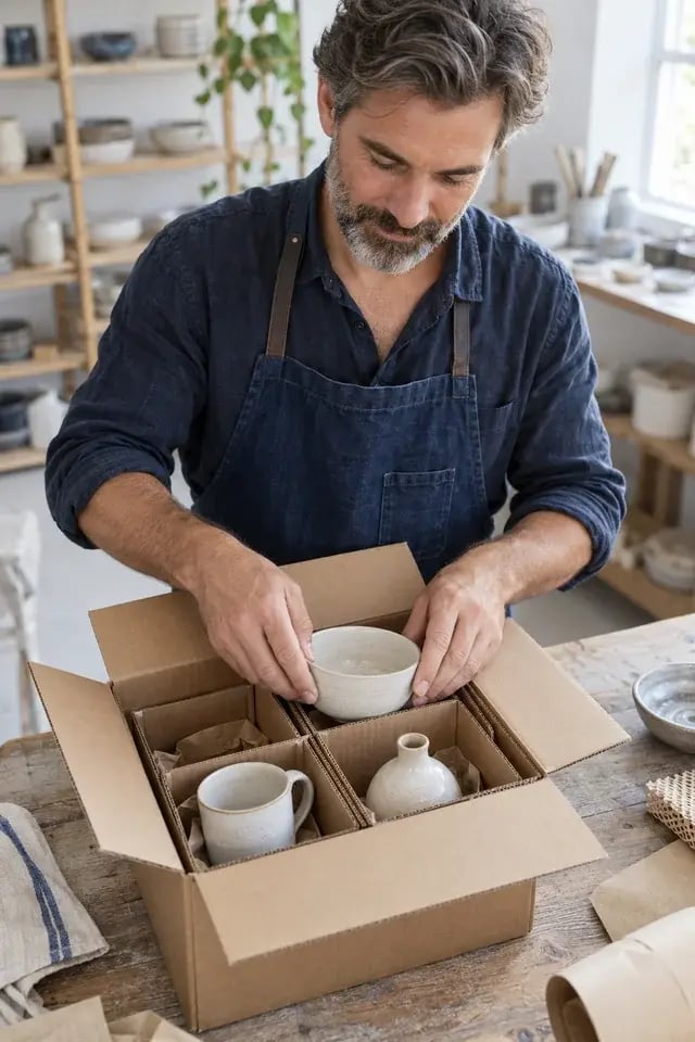 Ceramic homewares fitted into a divided shipping box