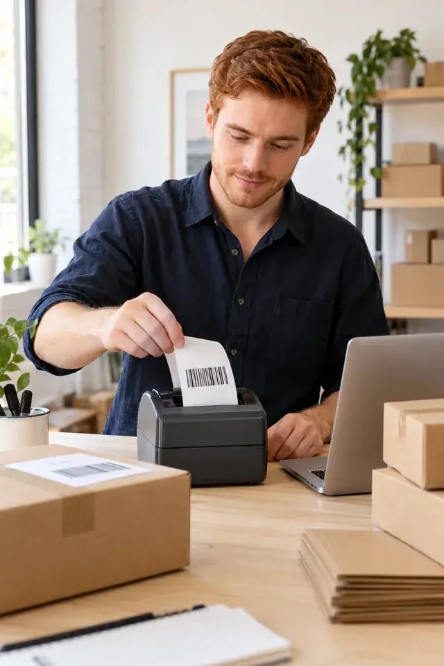 A business owner preparing a shipping label at a packing station