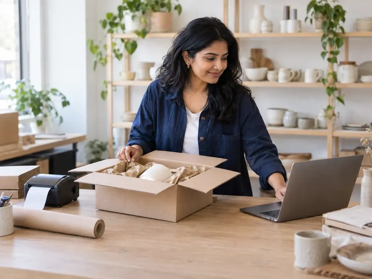 An ecommerce business owner prepares a ceramic homeware order beside a laptop and shipping label printer.