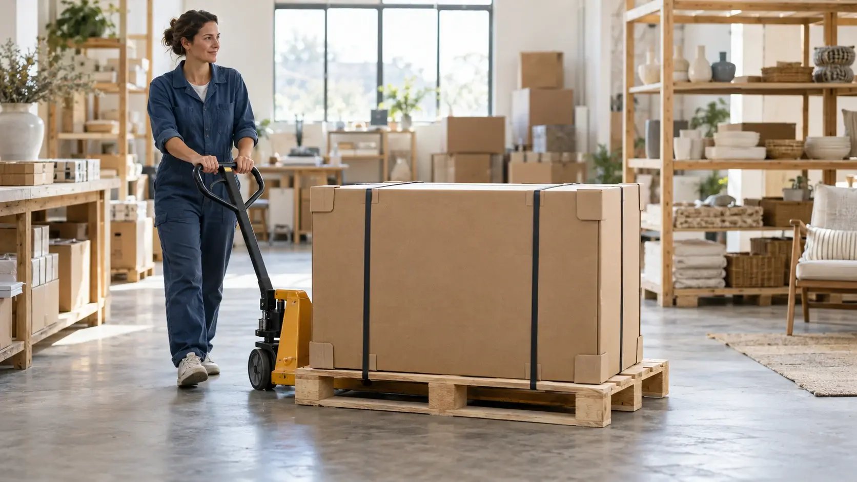A boutique fulfillment team member moving a secured furniture carton on a pallet