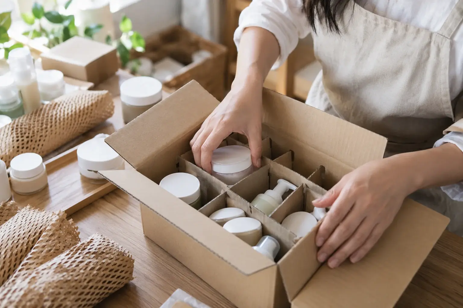 Protective dividers around skincare products during packing
