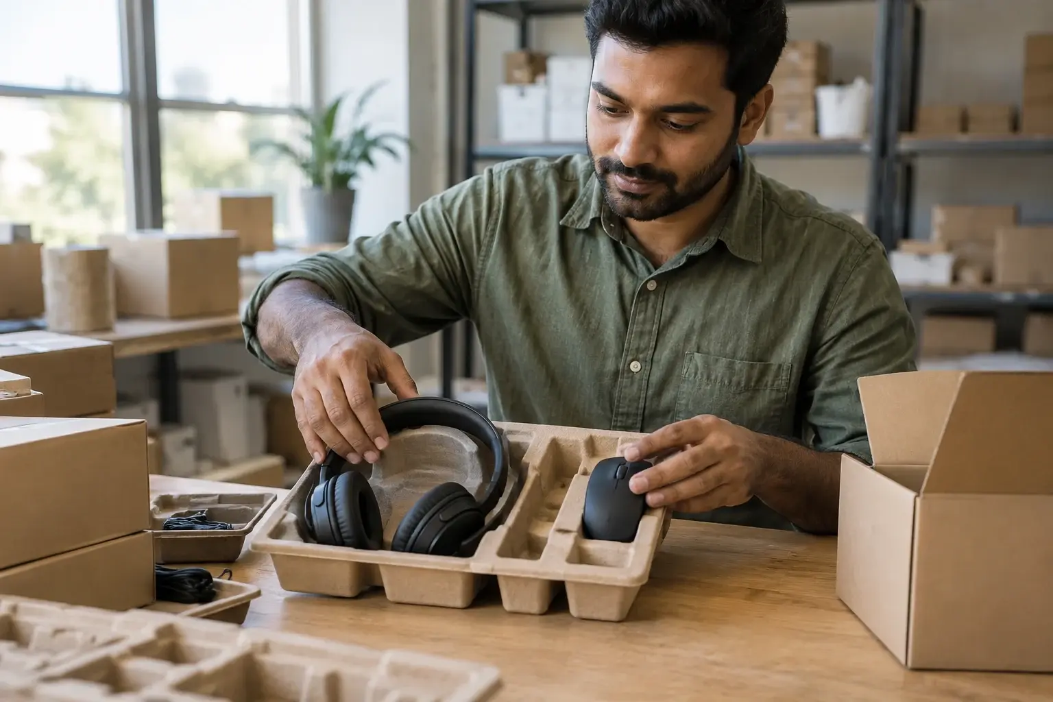 Electronics seller securing headphones in protective packaging