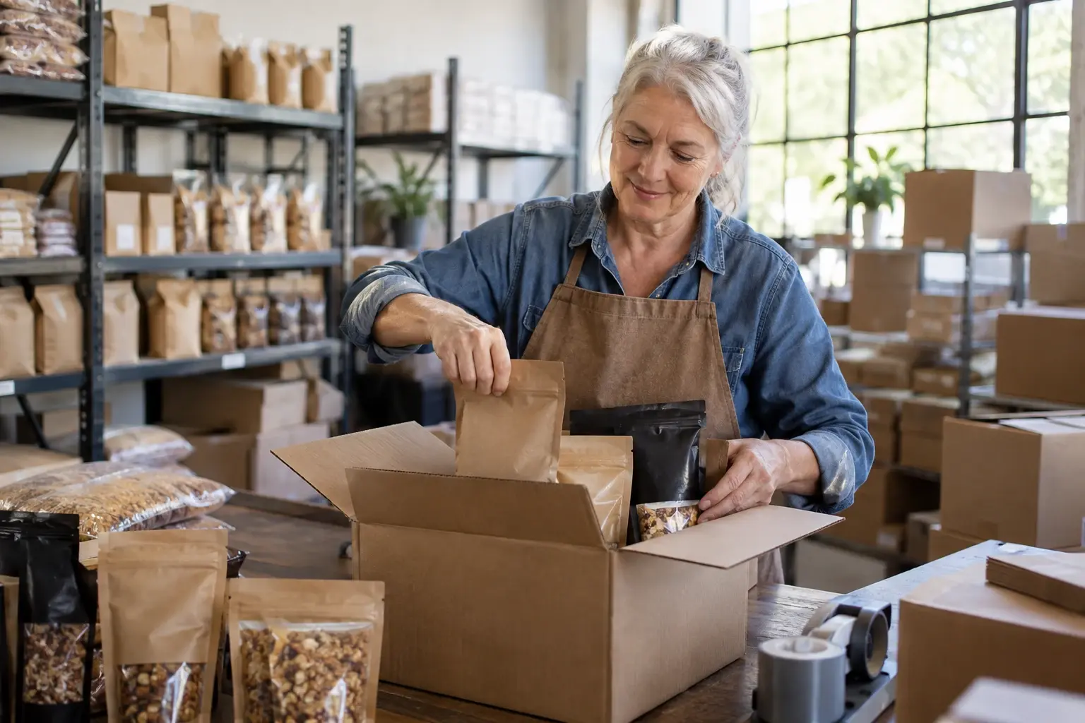 Propriétaire emballant des produits alimentaires stables scellés