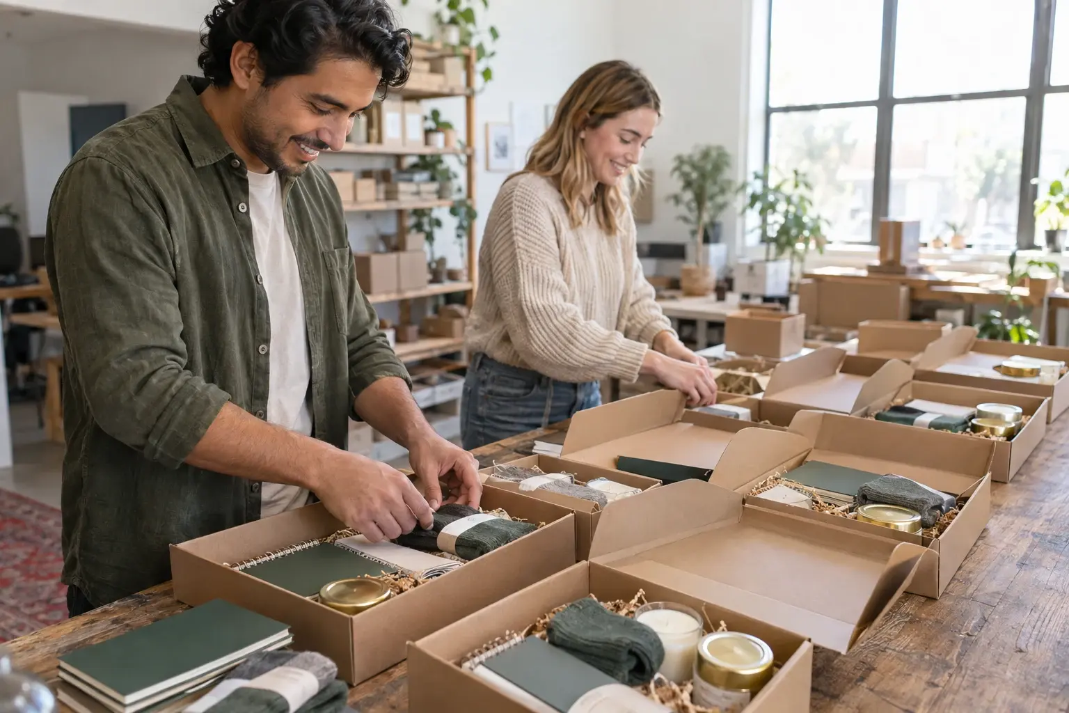 Two business owners preparing recurring gift-box orders