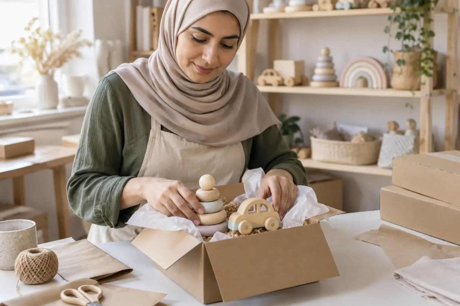 Propriétaire préparant une commande de jouets en bois