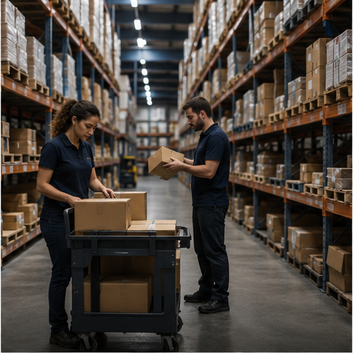 Distribution team preparing case quantities in a warehouse