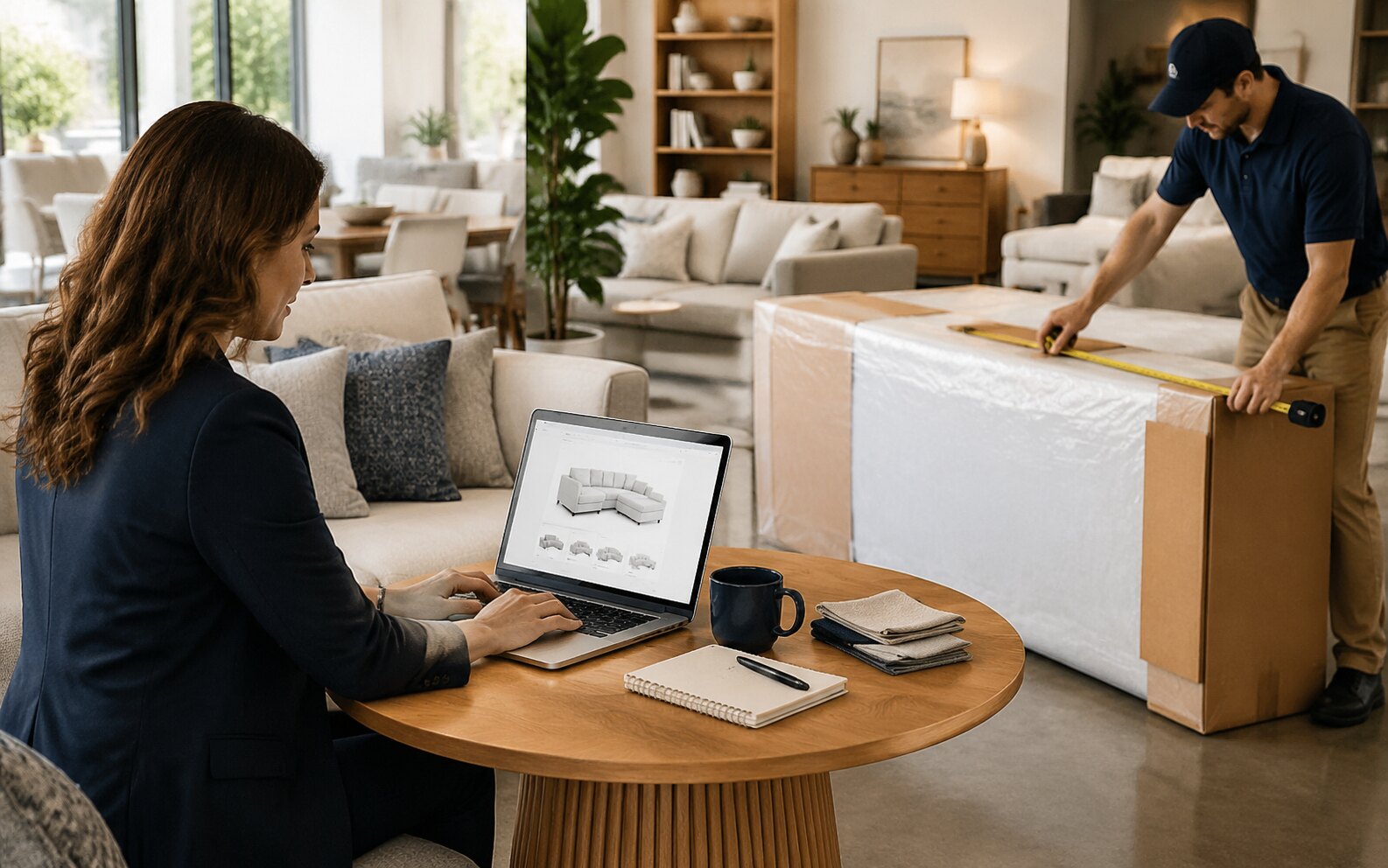 A furniture merchant connects a store order to shipping