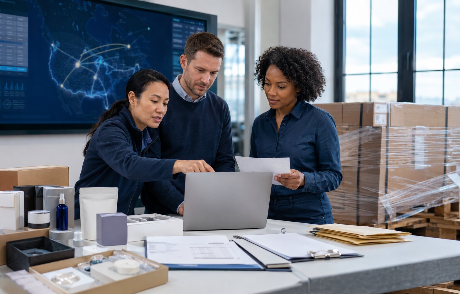 A team prepares goods for export