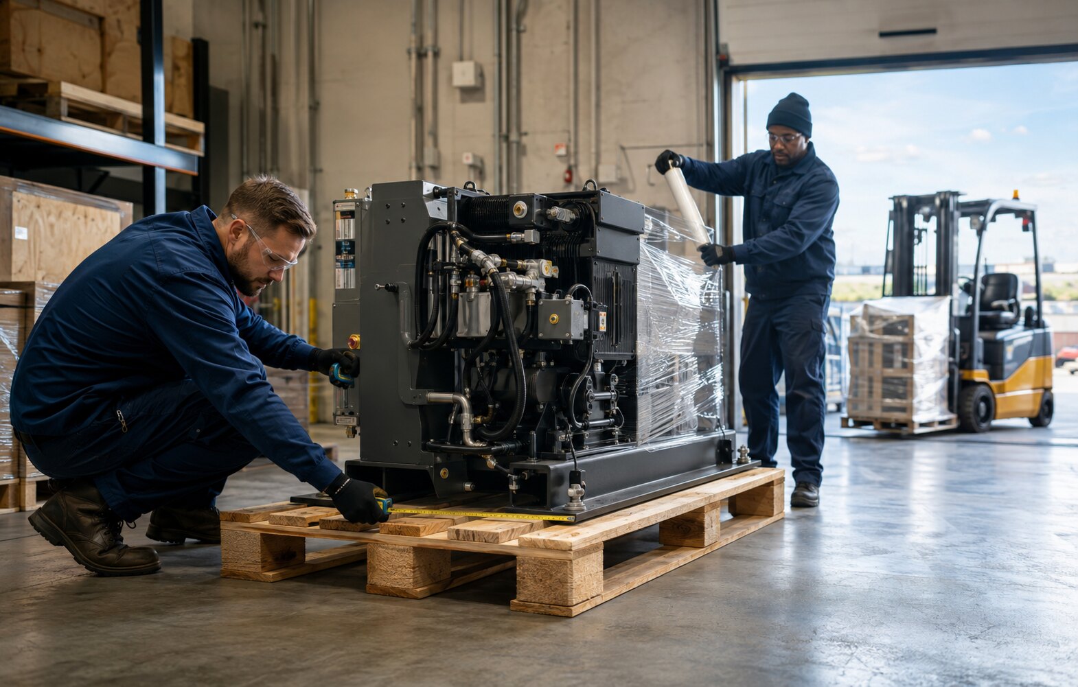 Specialists prepare industrial equipment for freight