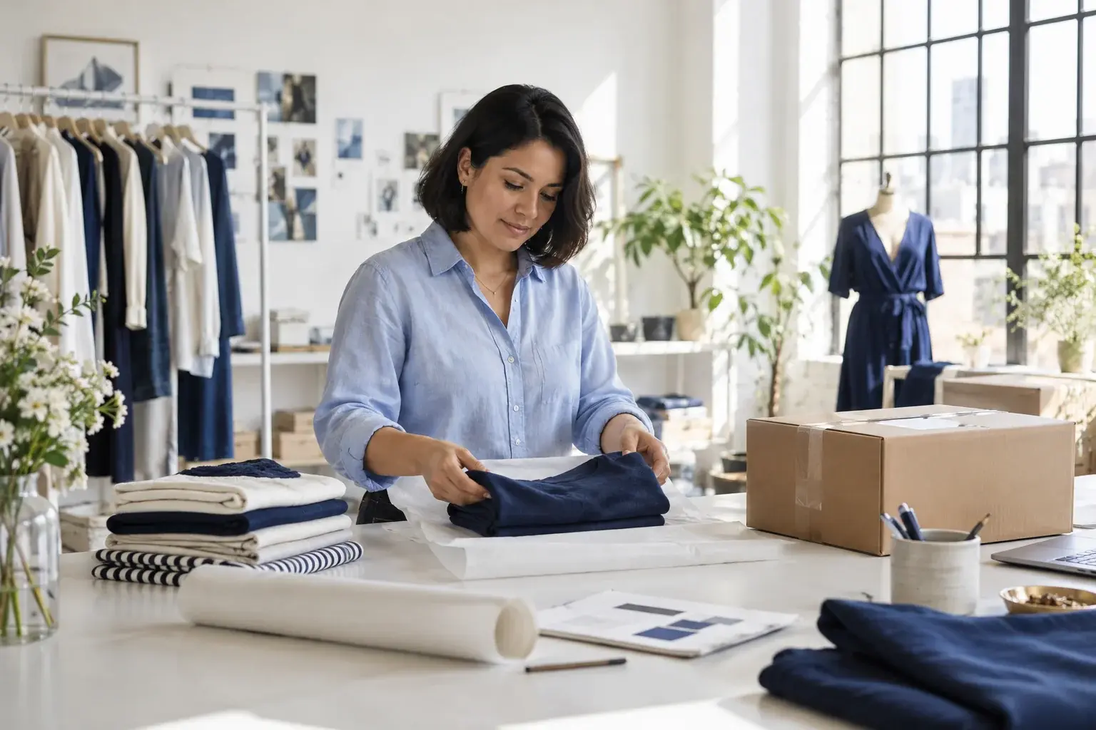 Fashion seller preparing clothing for a cross-border shipment