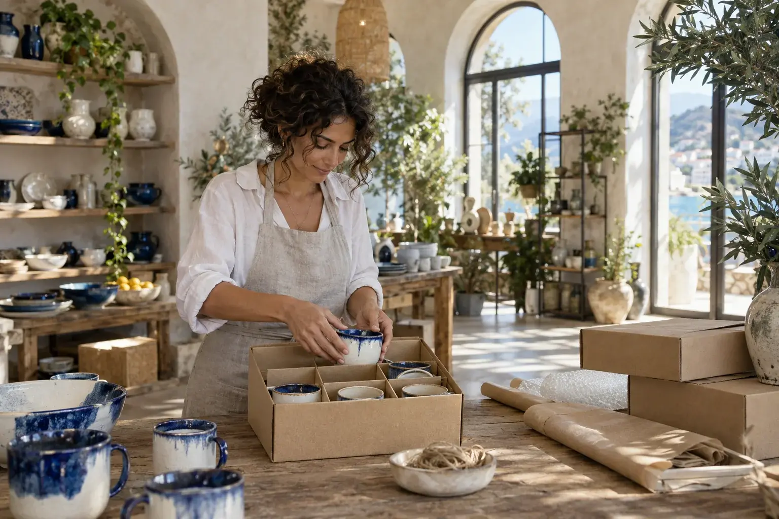 Homeware boutique owner packing ceramics for an international order