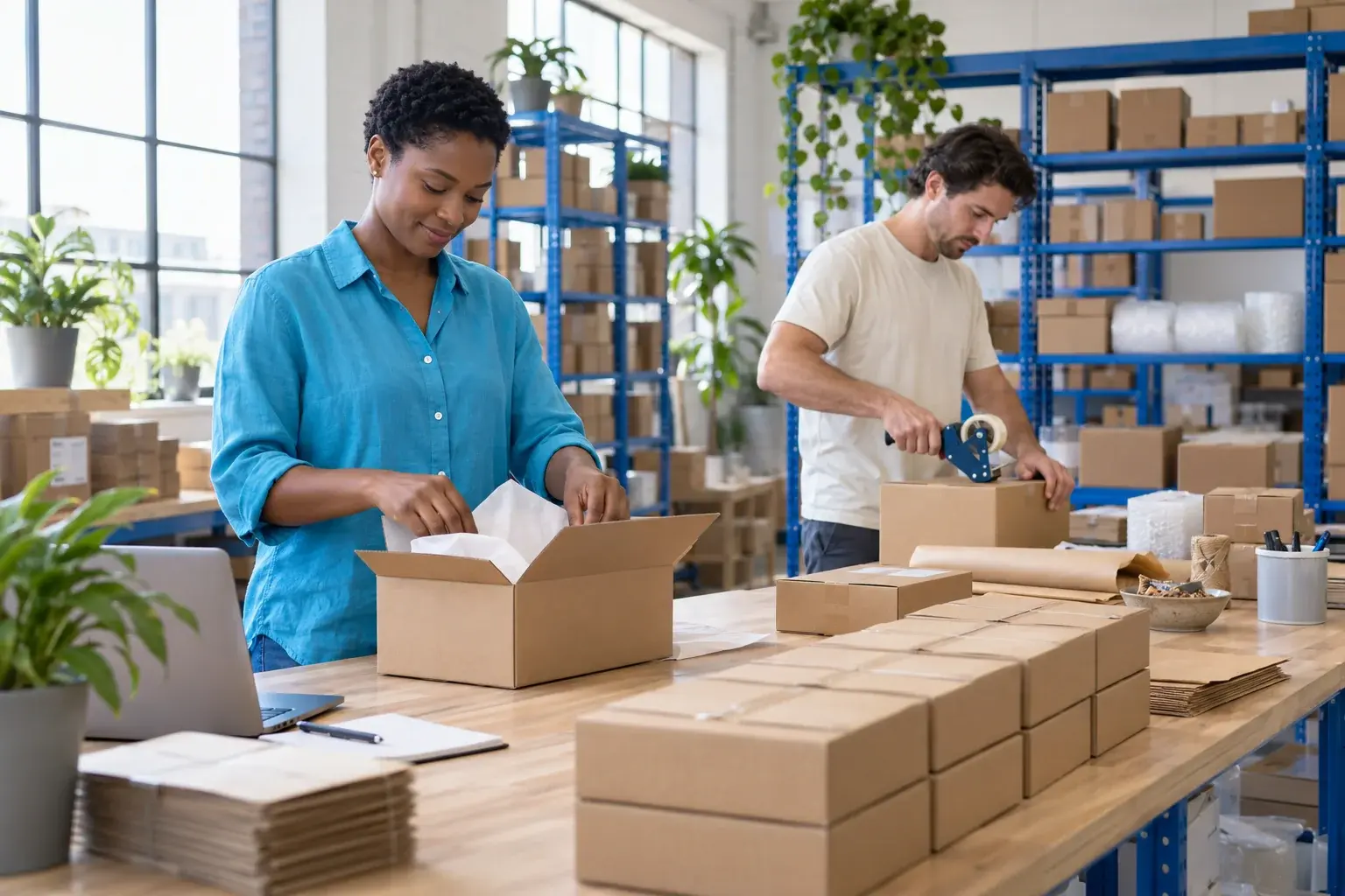 Two fulfillment colleagues preparing an orderly batch of parcels