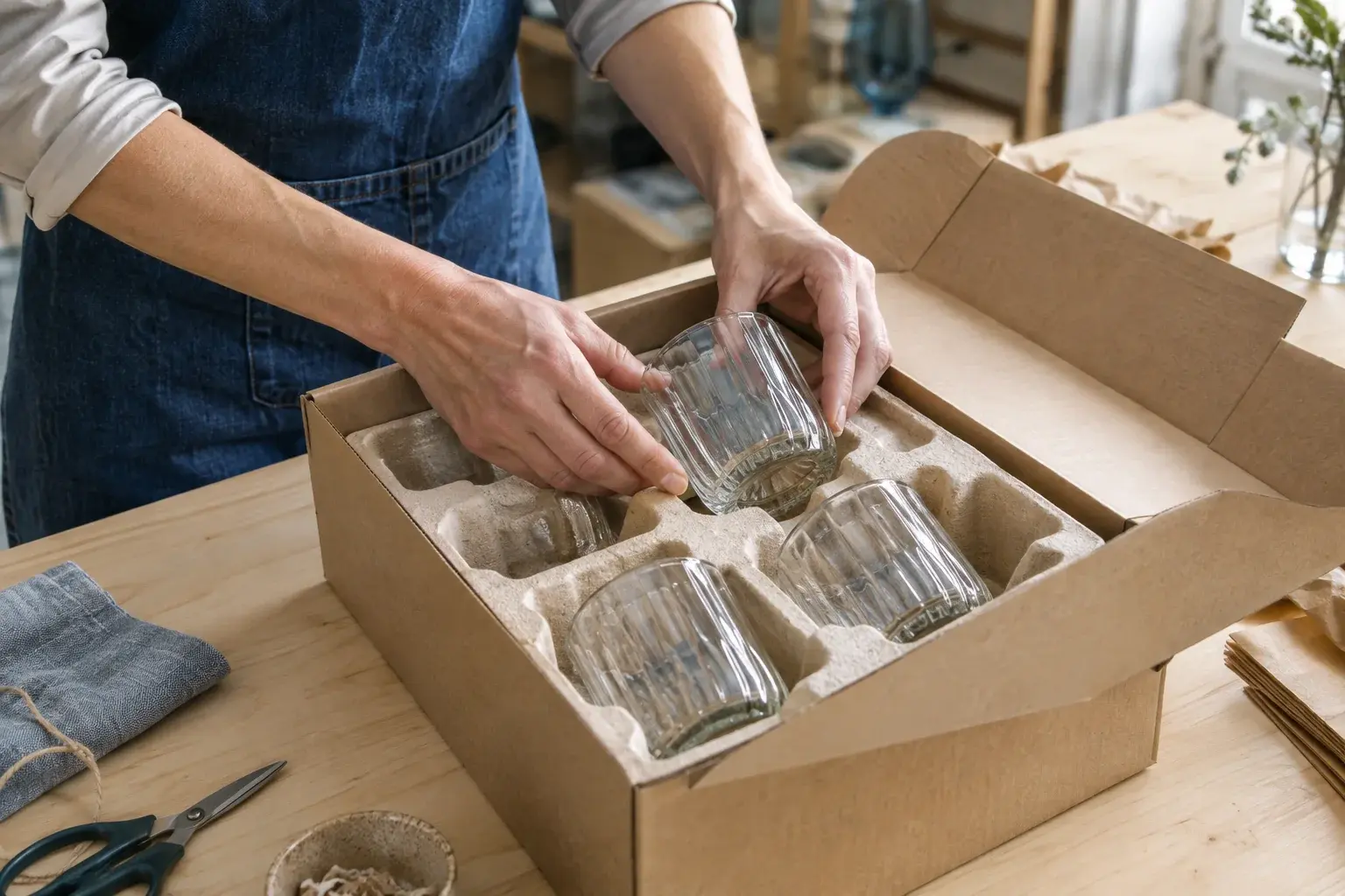 Hands fitting glassware into protective packaging