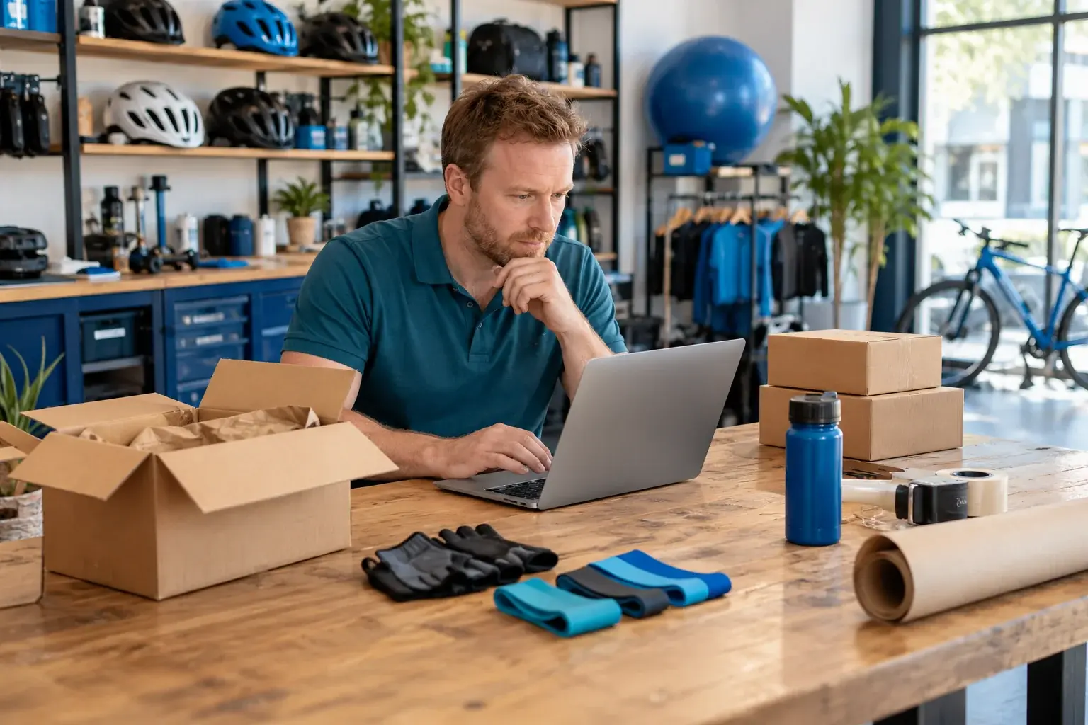 Sporting goods merchant reviewing shipping options