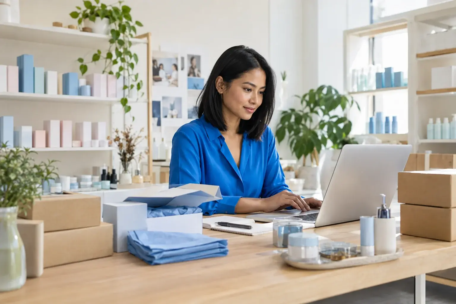 Cosmetics entrepreneur managing orders at a packing station