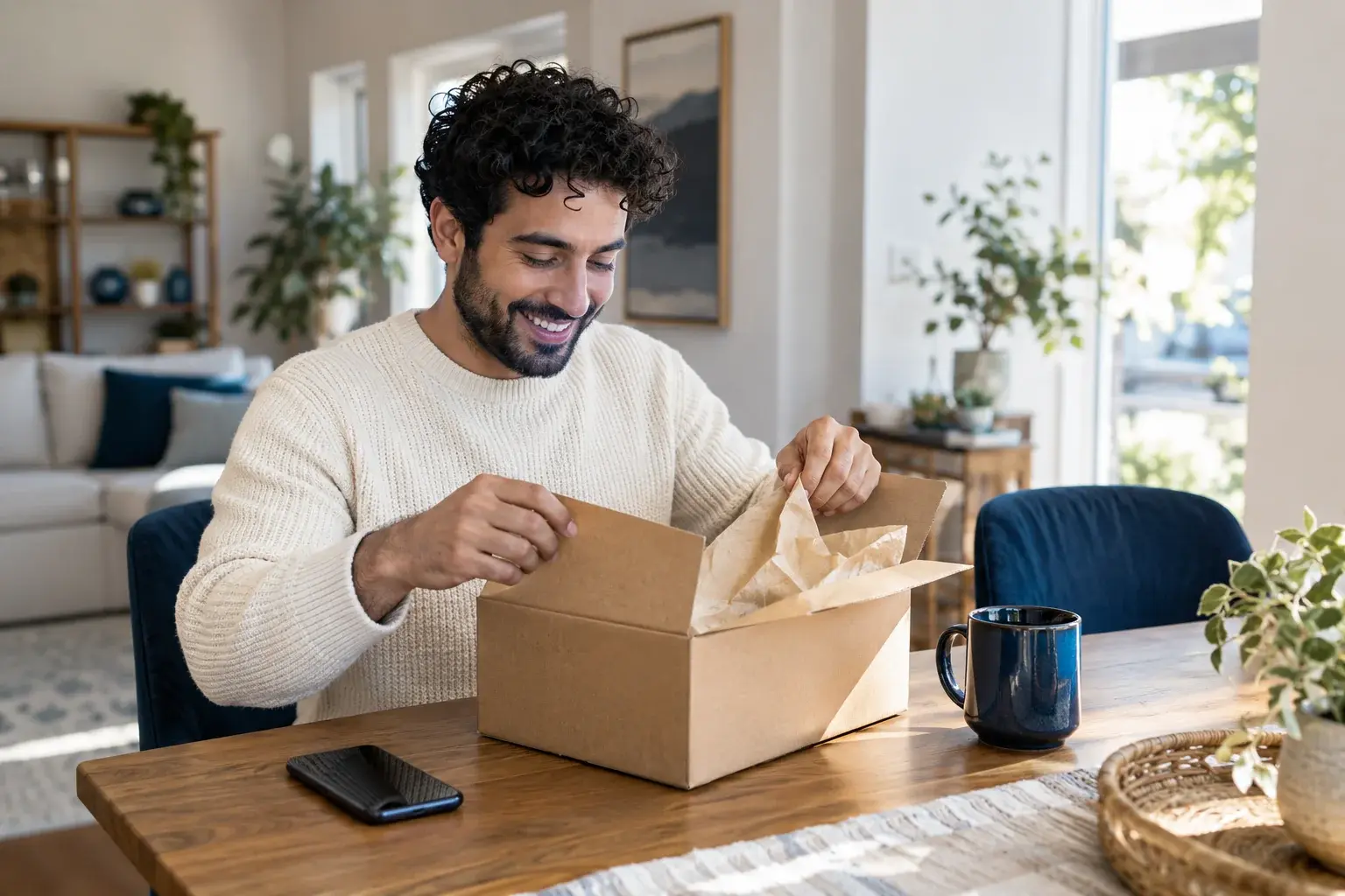 Customer opening a delivered parcel at home