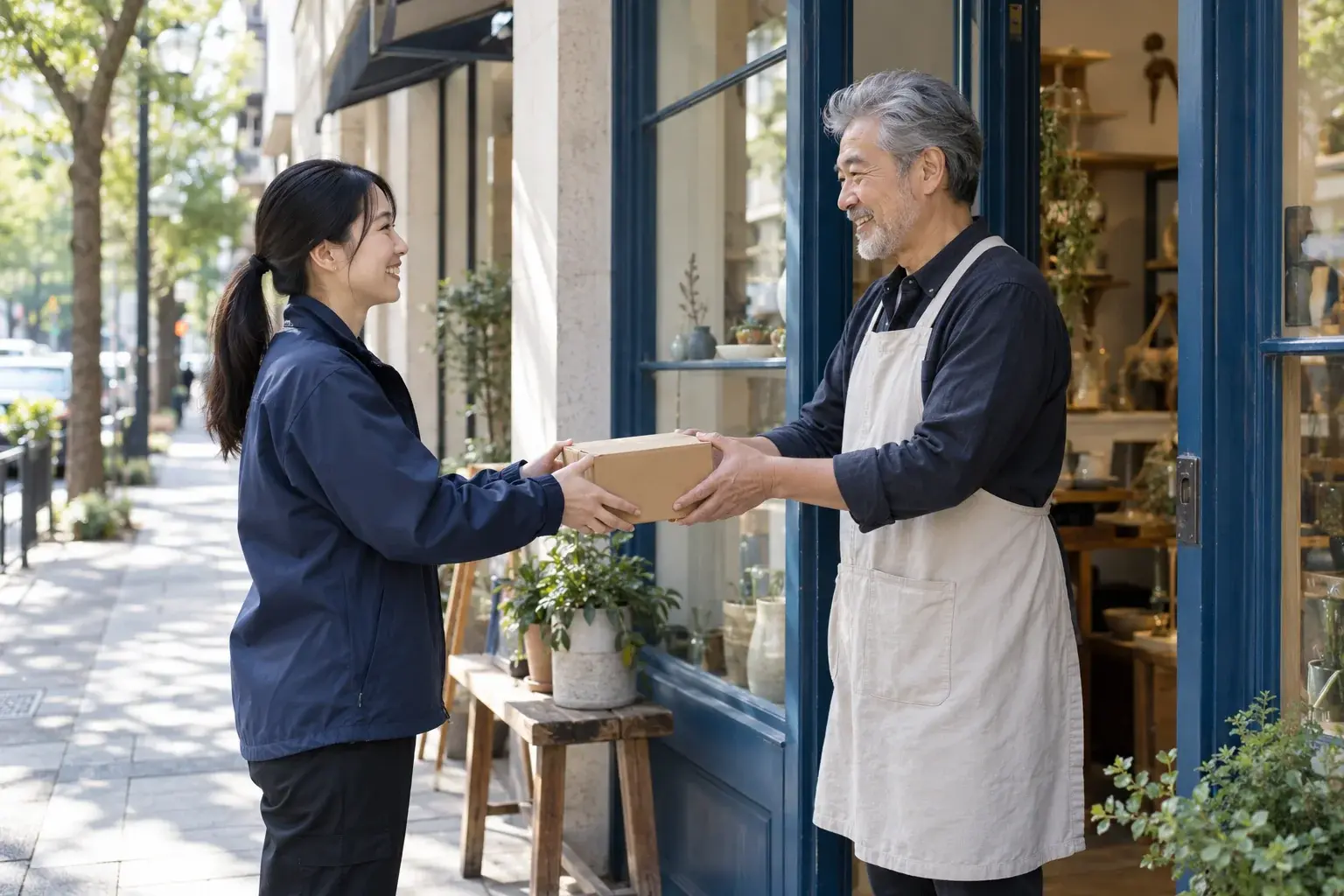Courier collecting a parcel from a boutique owner