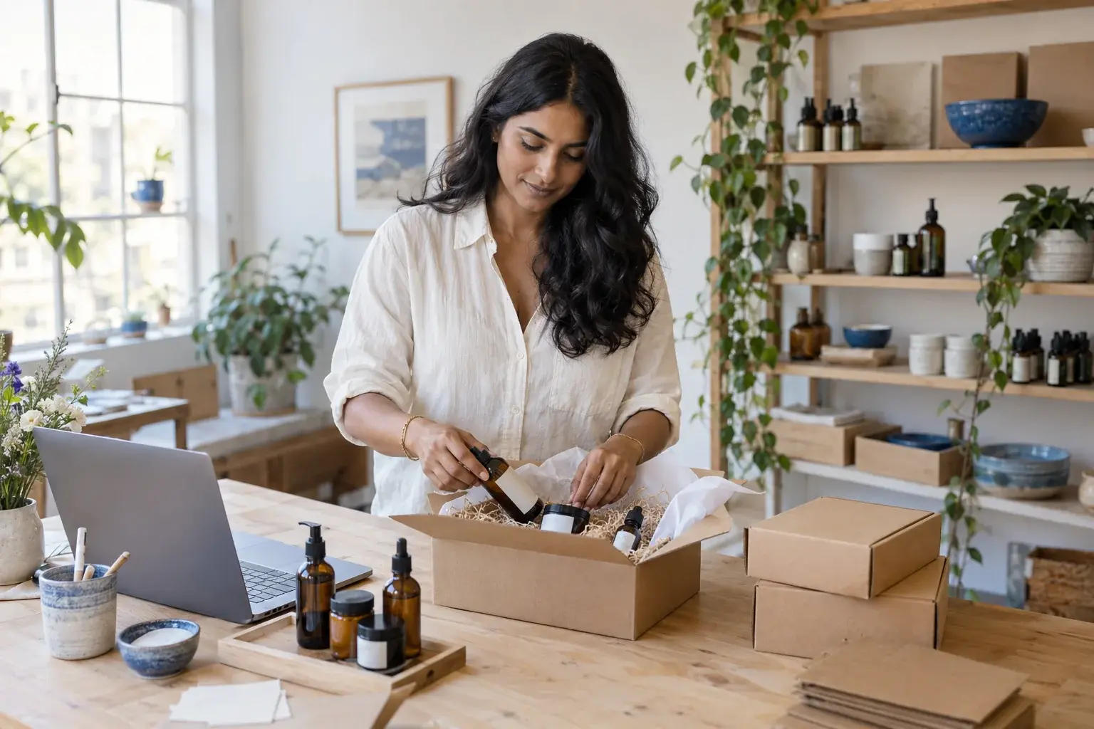 Boutique owner organizing skincare orders