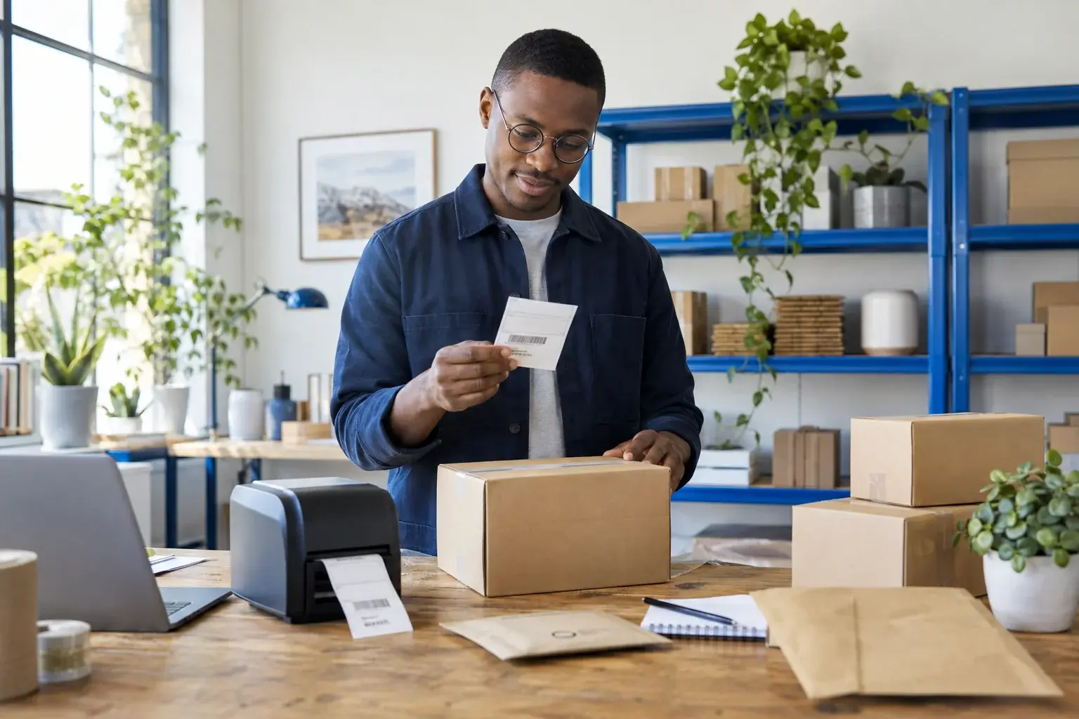 Merchant preparing parcel labels at a shipping station