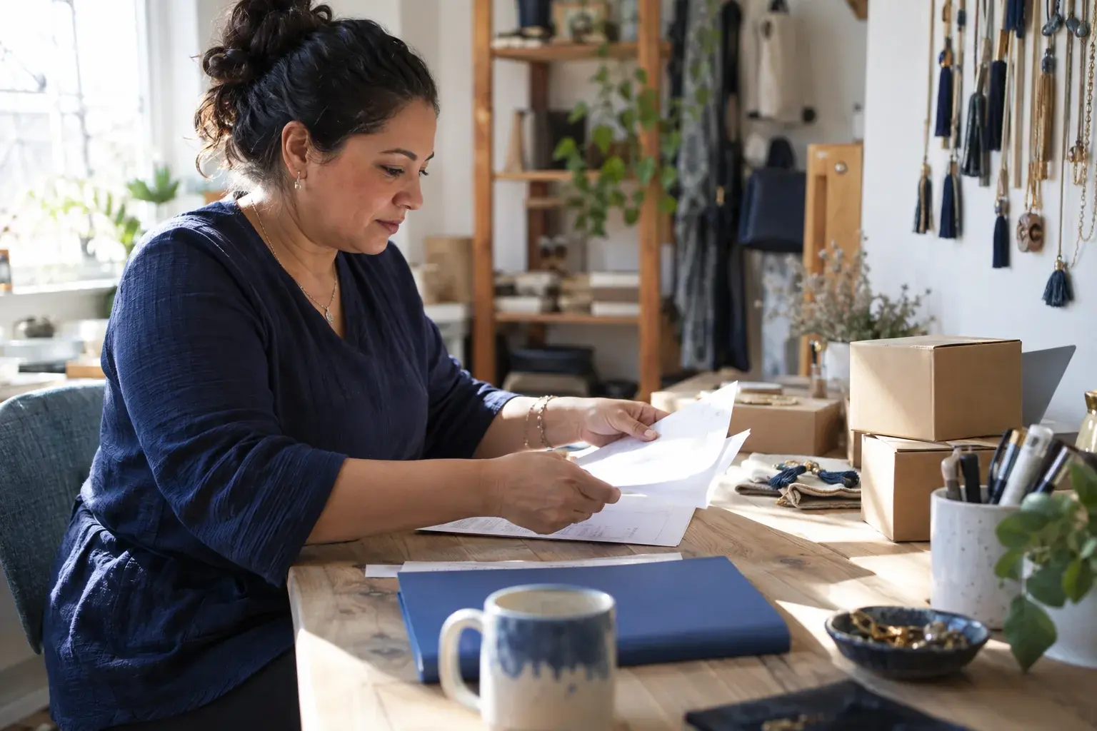 Merchant organizes documents beside small cartons and handmade accessories.