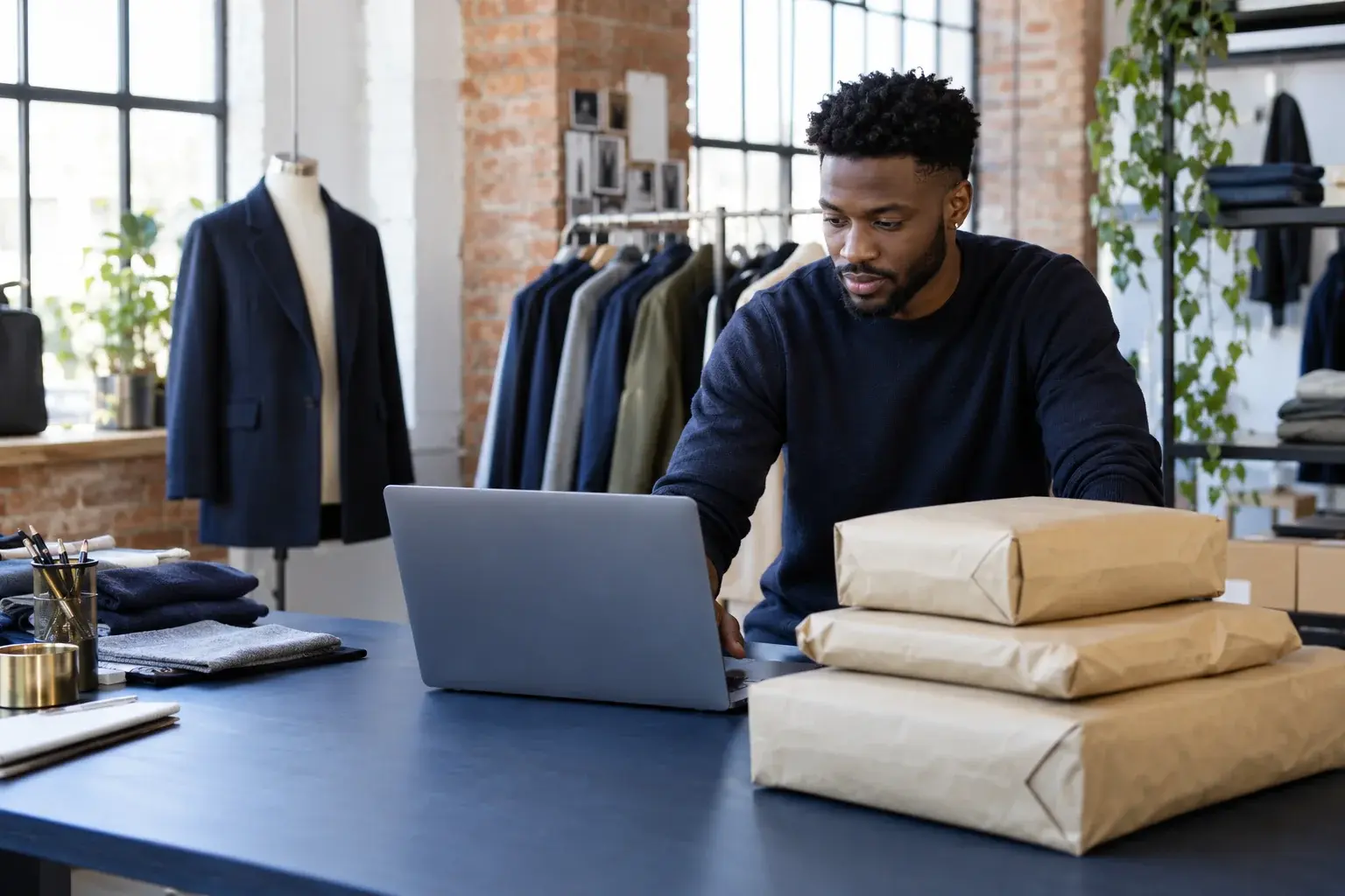 Clothing merchant uses a laptop beside wrapped apparel parcels.