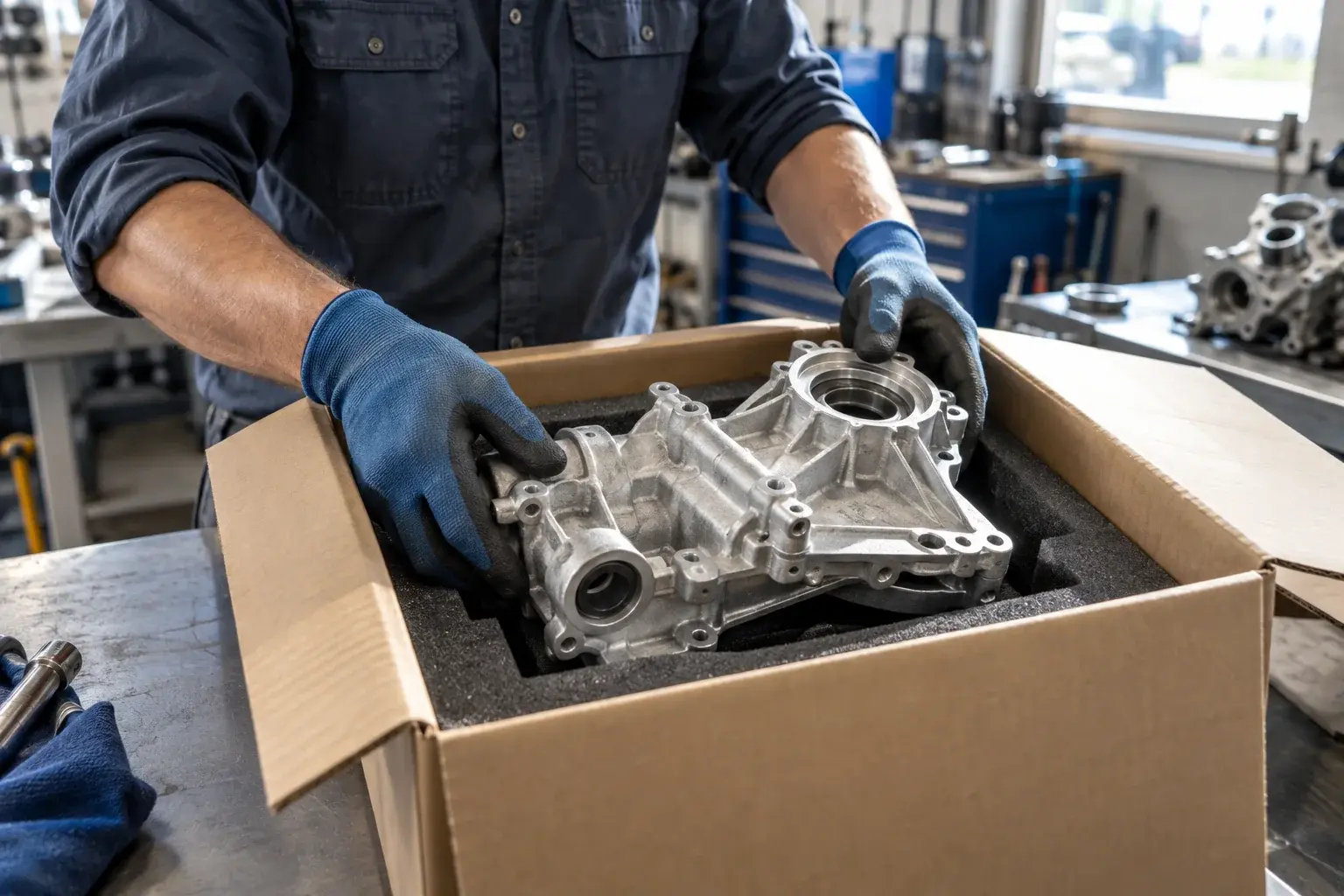 Gloved hands place a metal automotive component into protective foam in a carton.