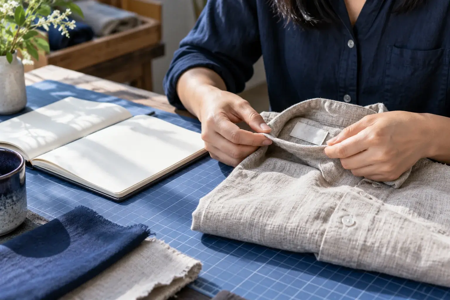 Hands inspect a fabric label inside a linen shirt beside an open notebook.