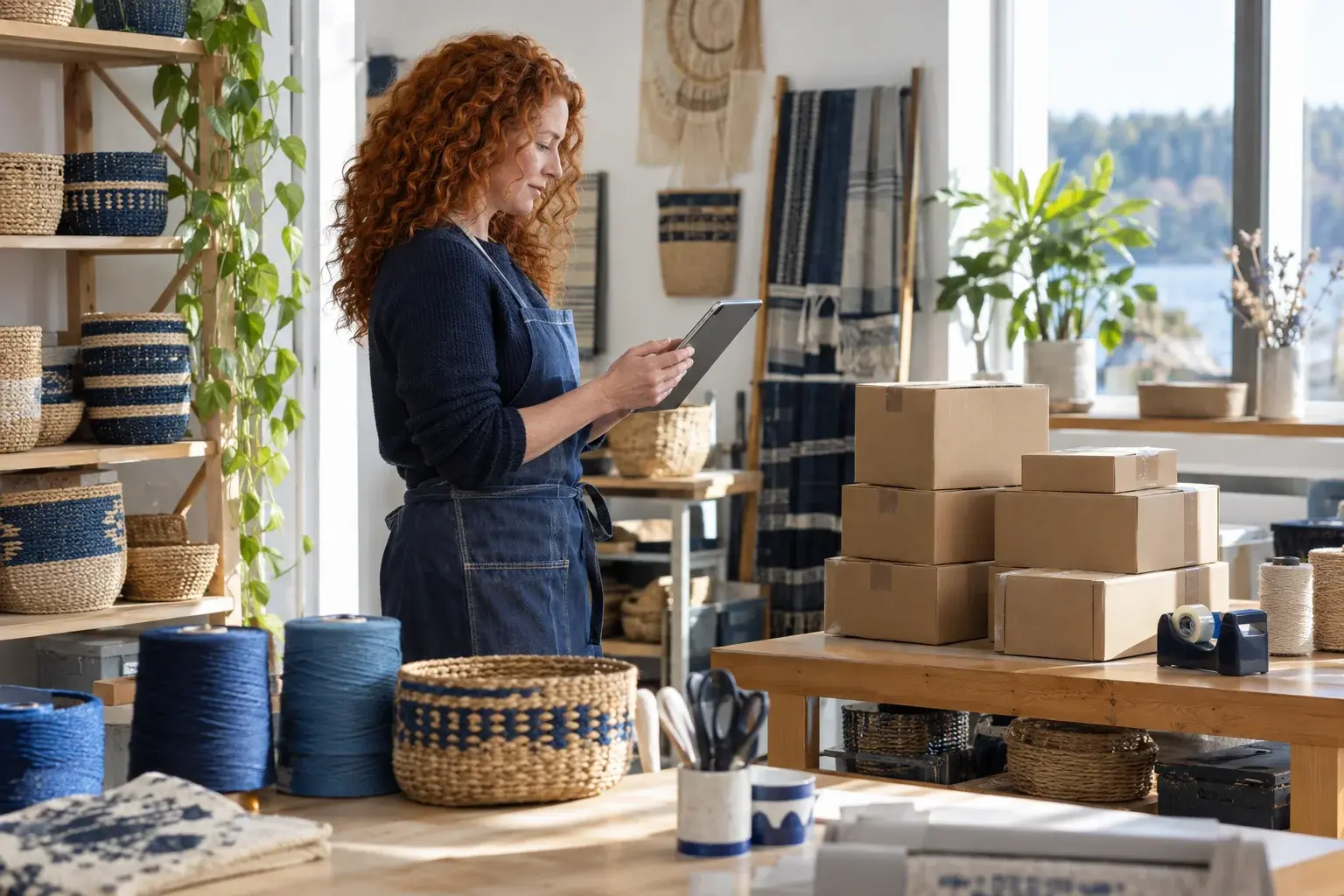 Craft seller uses a tablet beside sealed cartons and woven baskets.