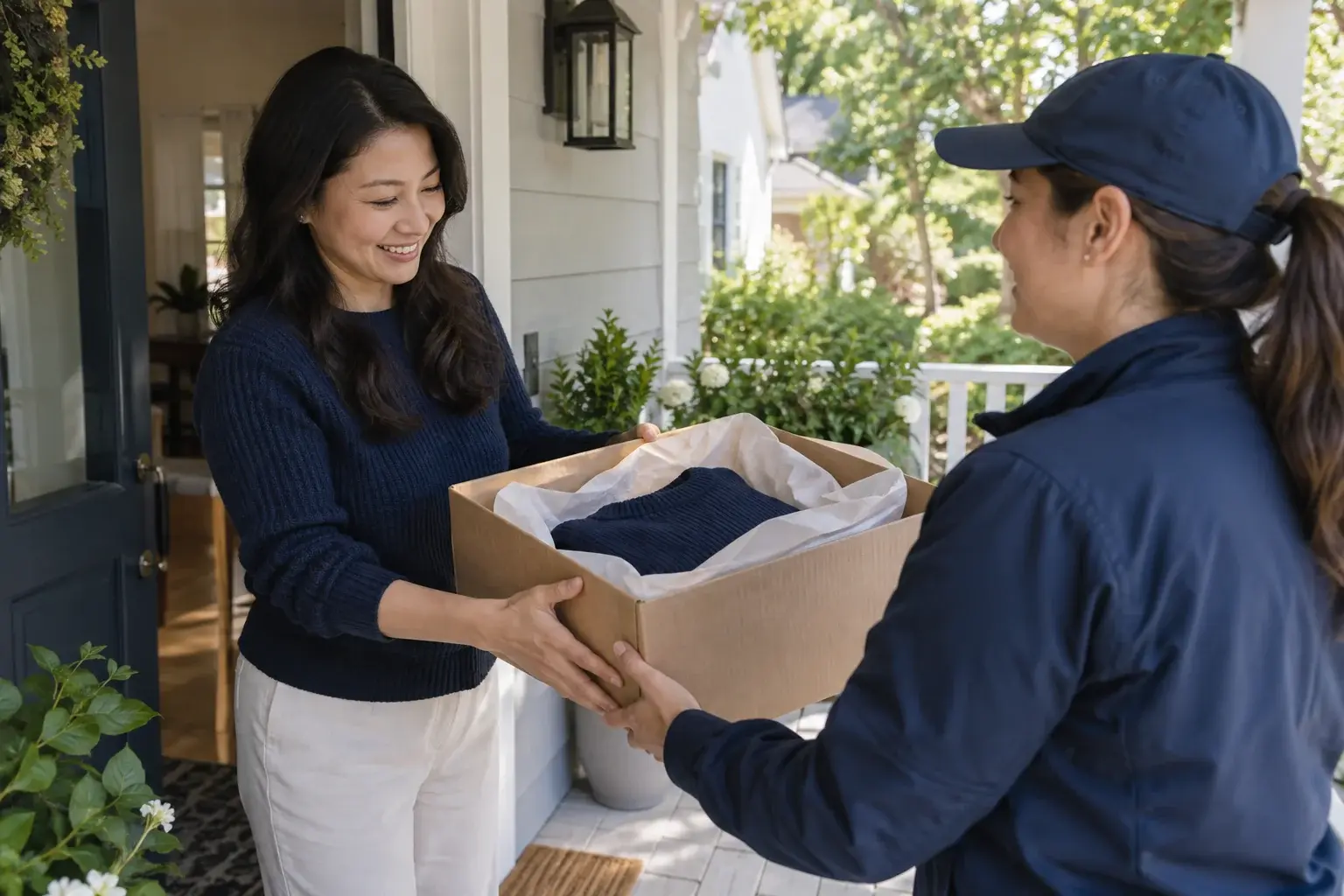 Customer receives an open parcel containing a folded sweater at a doorway.