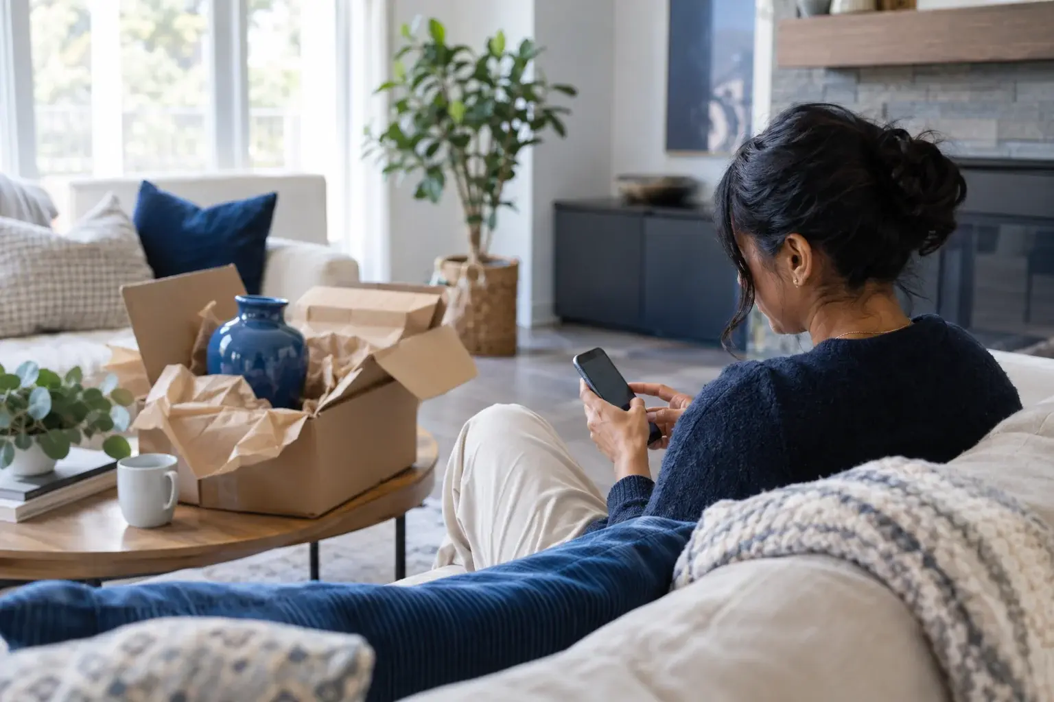 Customer browses a phone beside an open parcel and a blue ceramic vase.