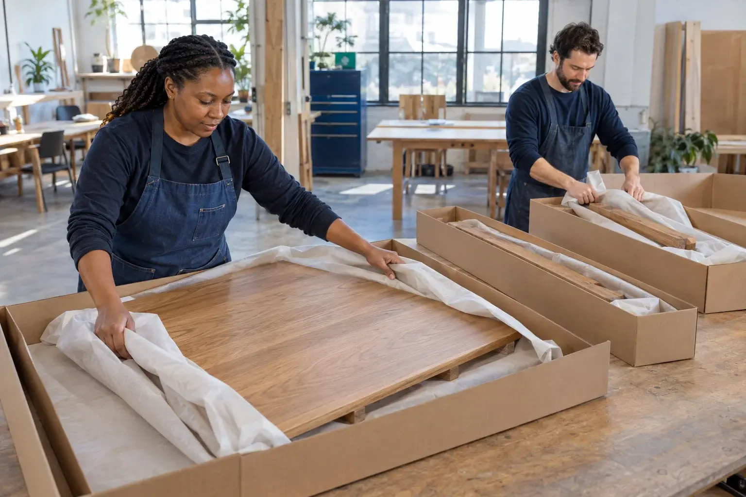Furniture staff pack a tabletop and wooden legs into separate cartons.