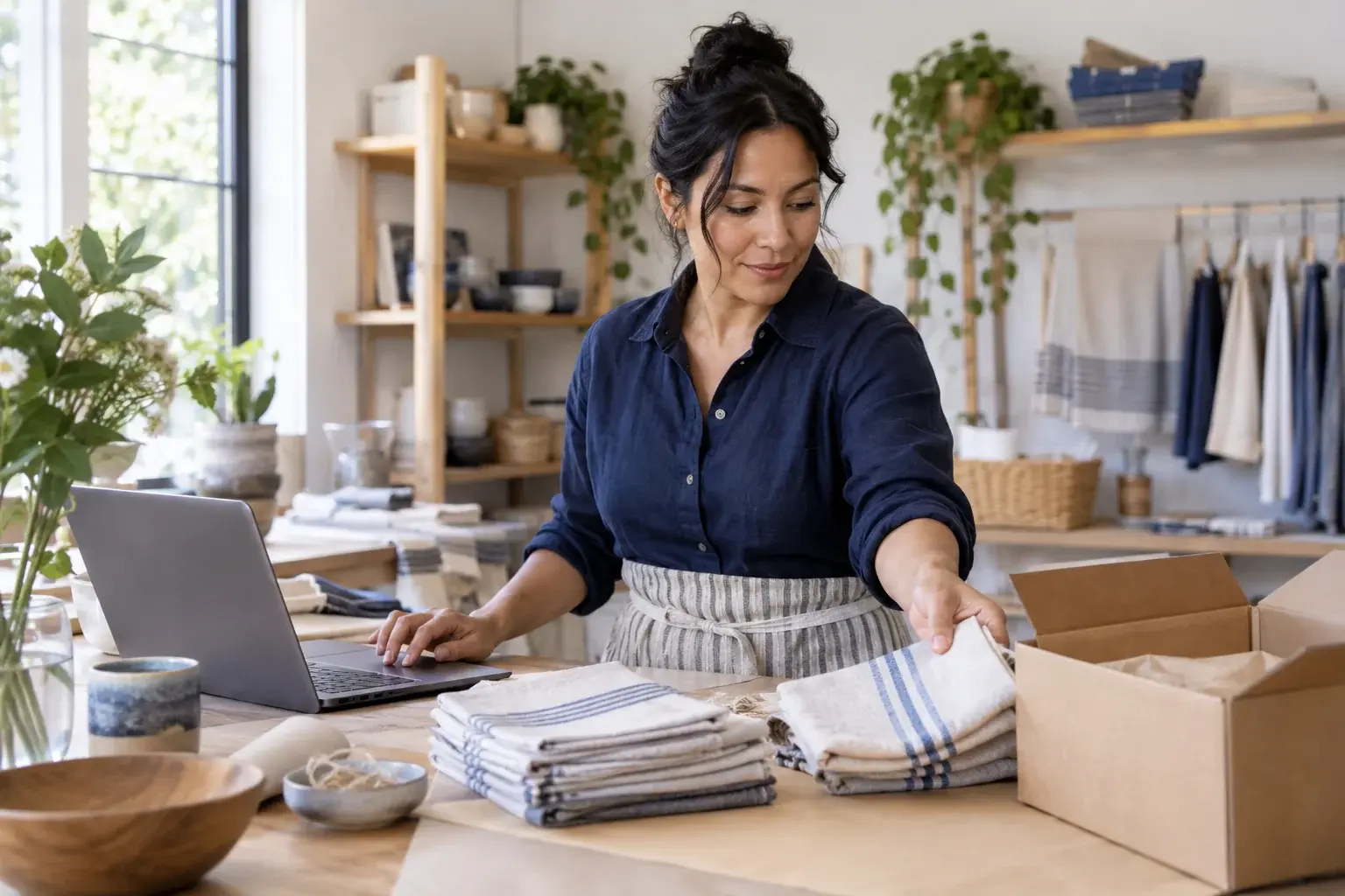 Merchant reaches for folded tea towels beside a laptop and open carton.