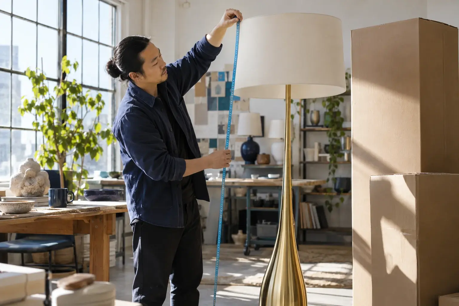 Designer measures a floor lamp beside tall packing cartons.