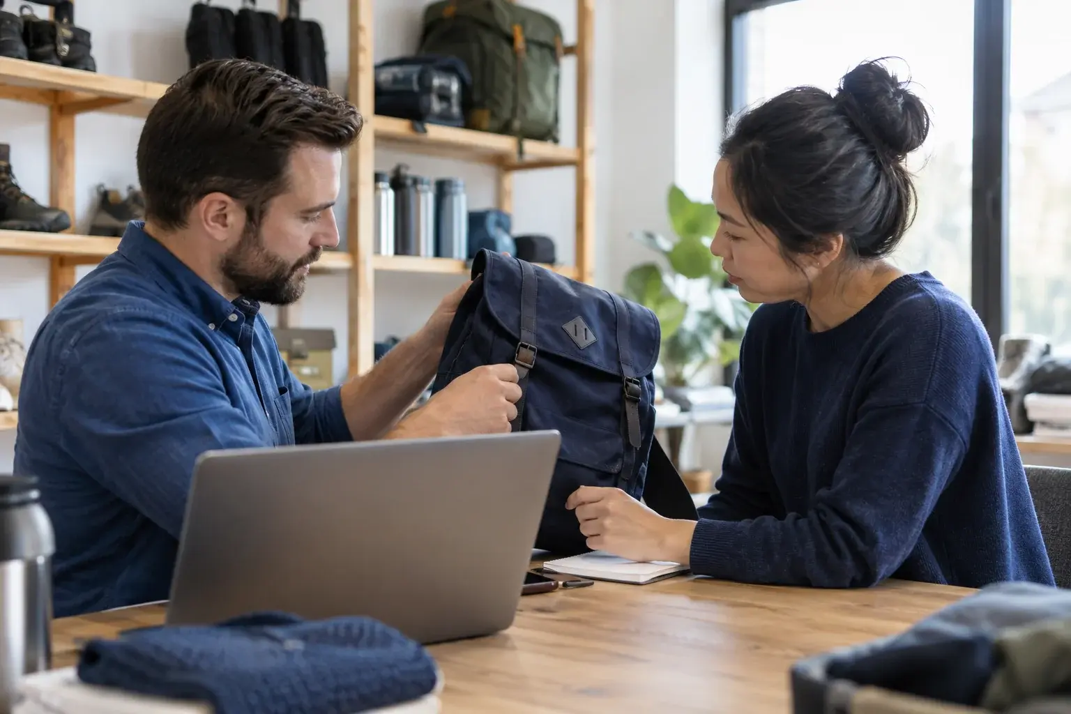 Two retailers inspect a canvas backpack beside a laptop.