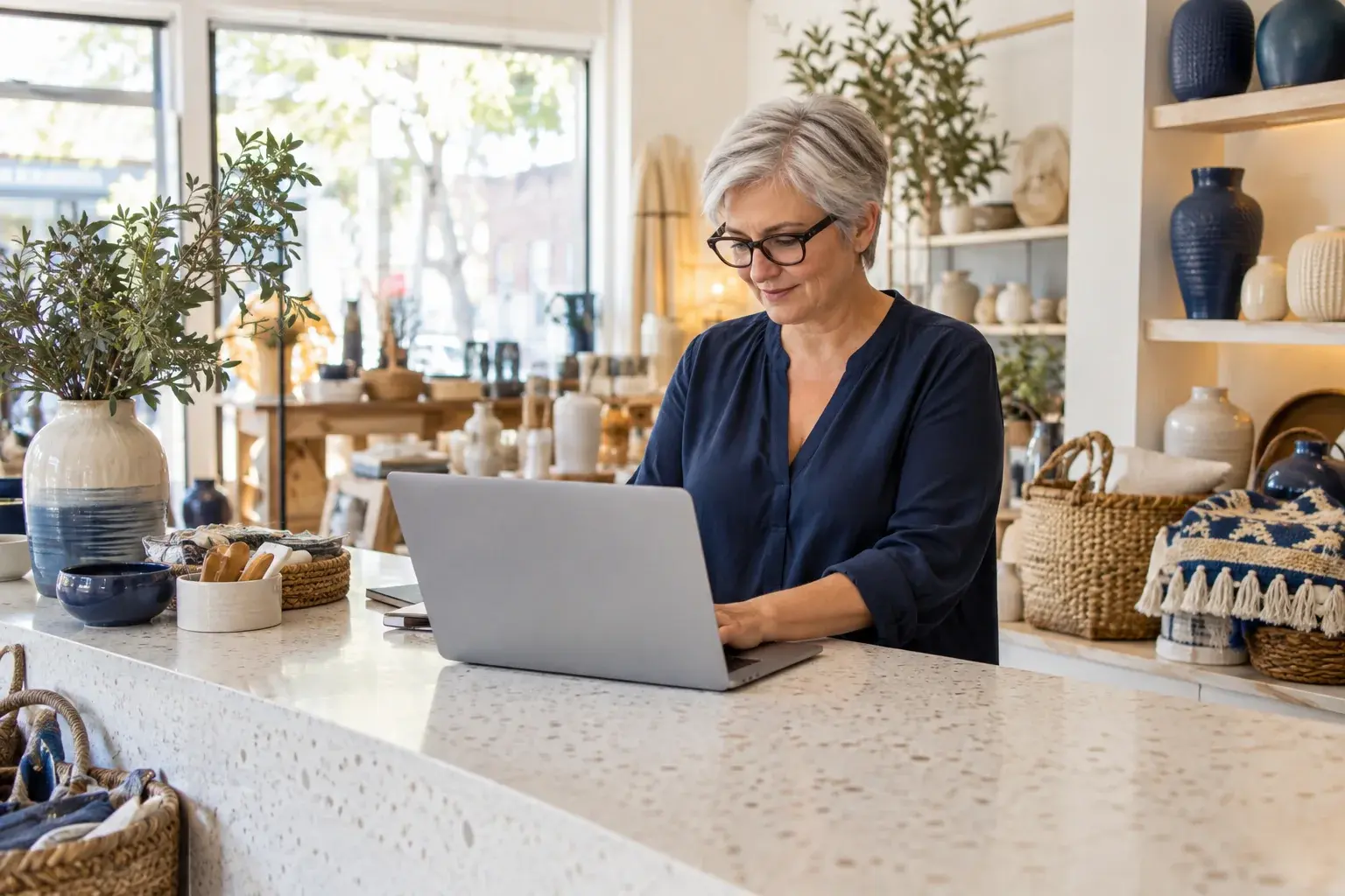 Homewares merchant uses a laptop at a terrazzo shop counter.