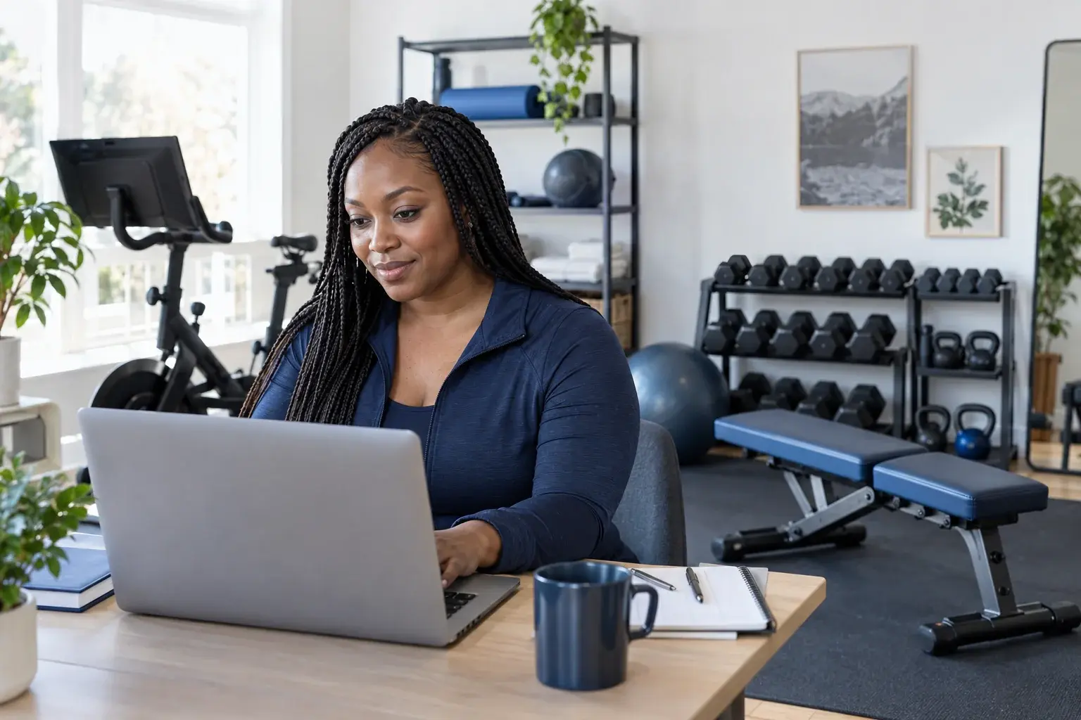 Fitness merchant works on a laptop beside exercise equipment in a showroom.