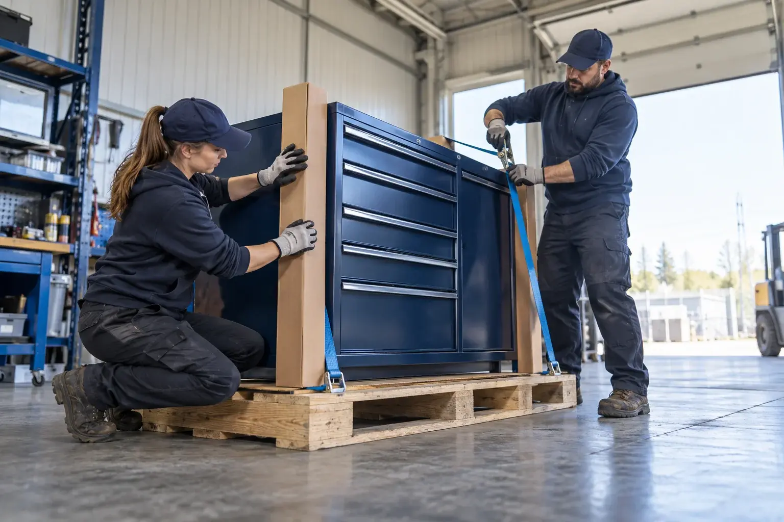 Workers secure a blue tool cabinet on a pallet with straps and corner protectors.