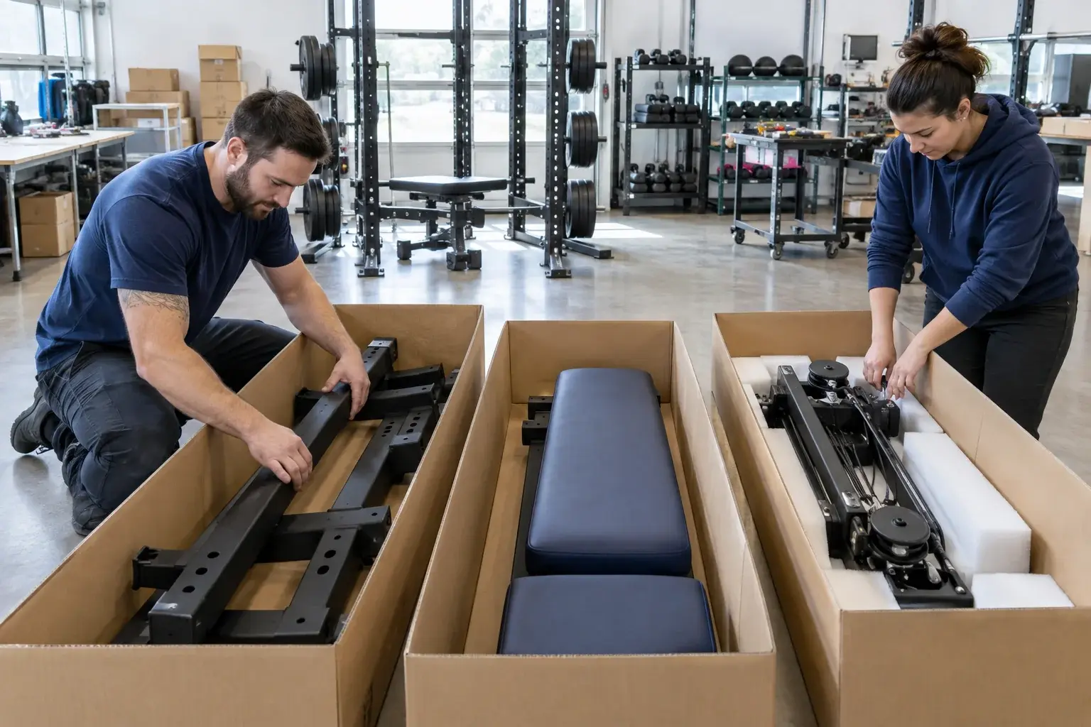 Staff pack home gym frame parts, padding and a cable assembly into three cartons.