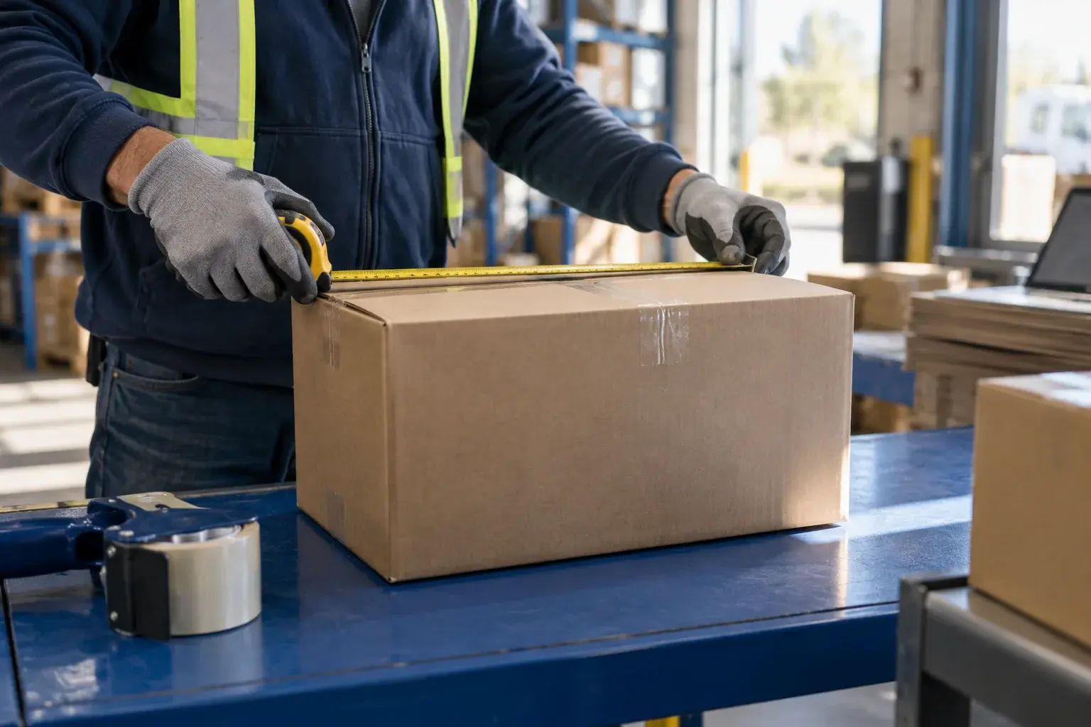 Gloved hands measure a sealed carton on a blue packing bench.