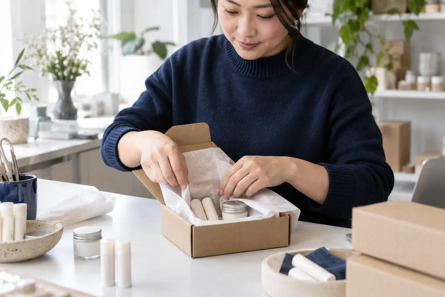 Seller folds tissue around small cosmetic jars and tubes in a mailer box.