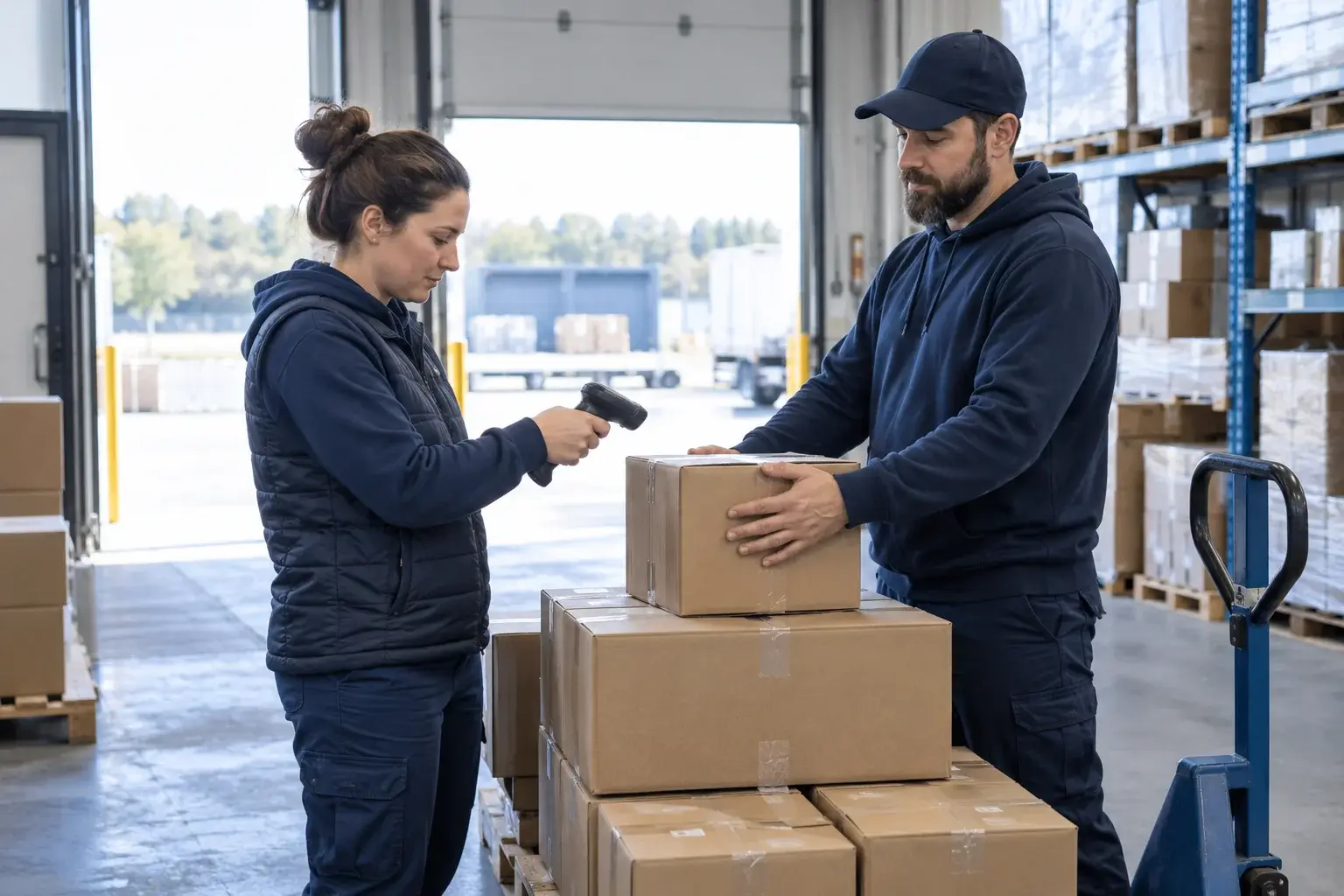 Receiving staff scan a carton stacked on a pallet of arriving boxes.
