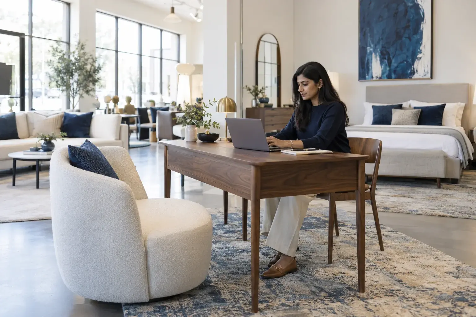Furniture merchant uses a laptop beside an upholstered chair in a showroom.
