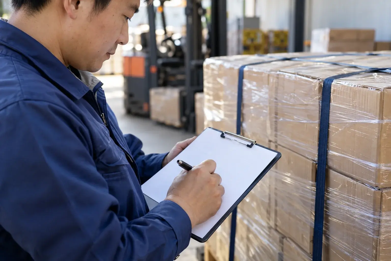 Operator holds a pen and clipboard beside a secured pallet.
