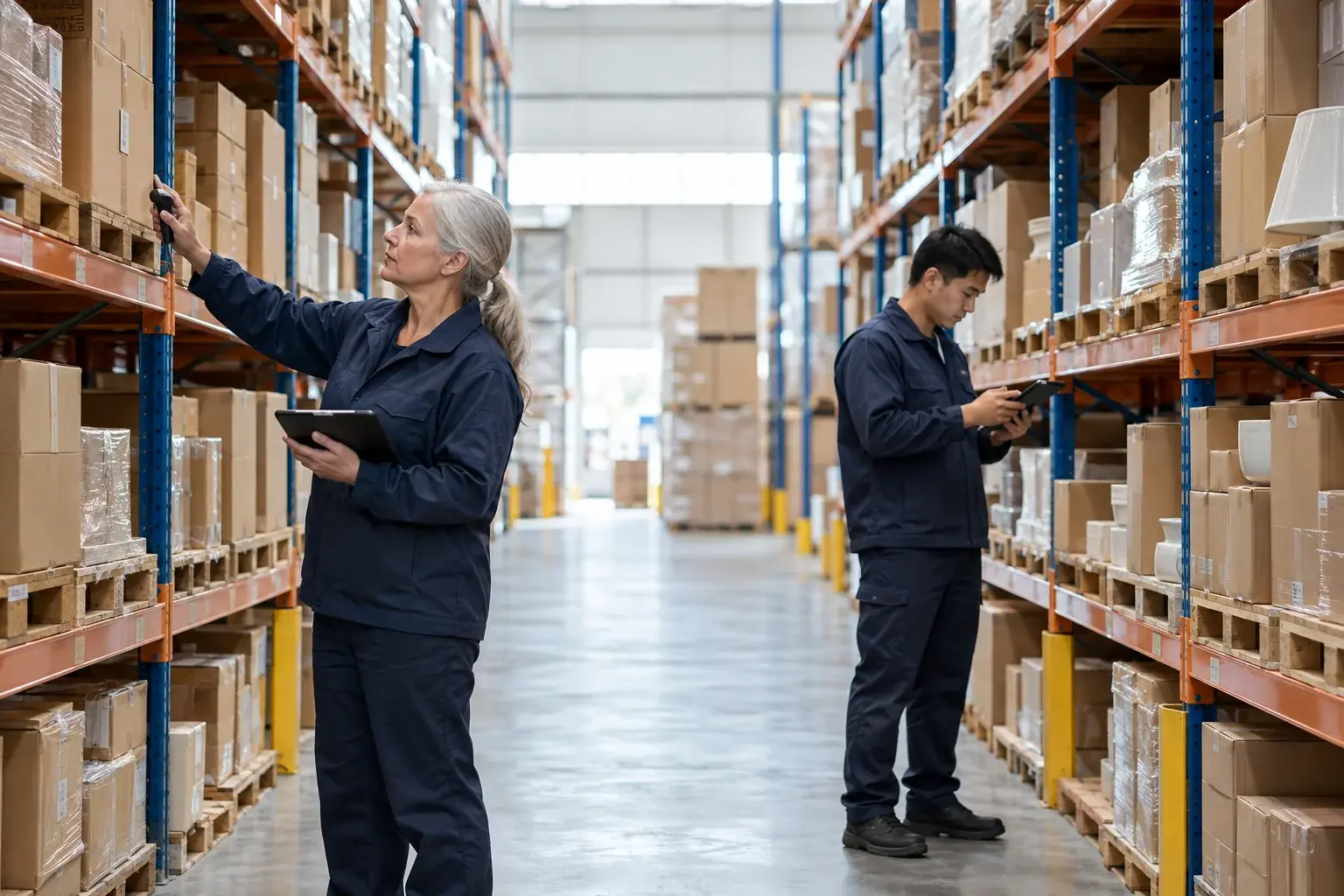 Warehouse staff check cartons on pallet racks using a scanner and tablets.