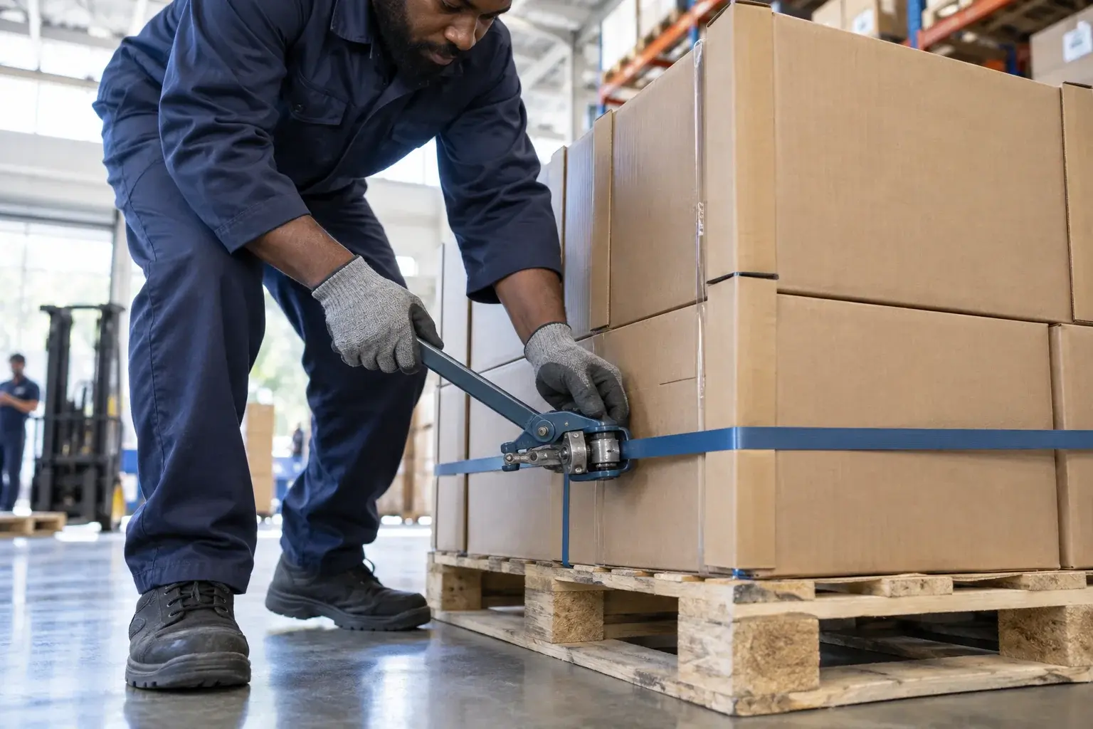 Worker tightens a strap around cartons stacked on a wooden pallet.
