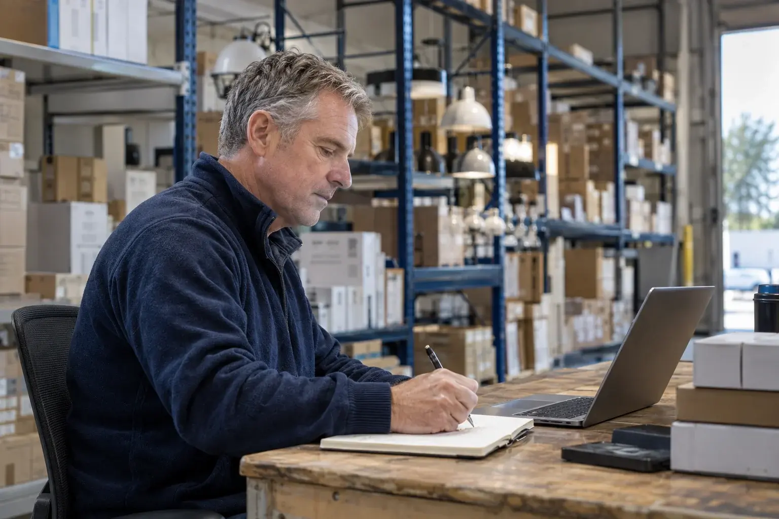 Wholesale owner writes in a notebook beside a laptop and boxed stock.