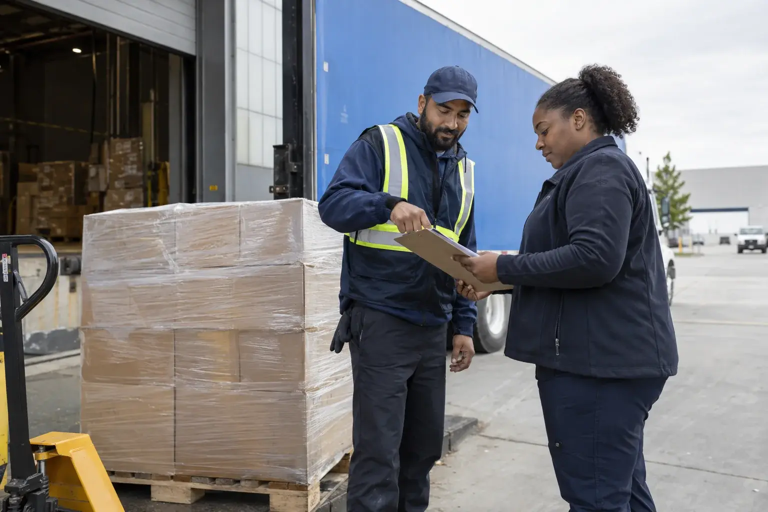 Driver and receiving manager review a clipboard beside a pallet at a loading dock.